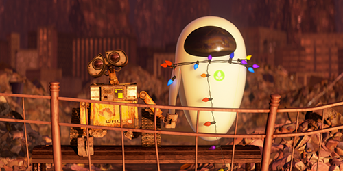 wall-e and eve on bench